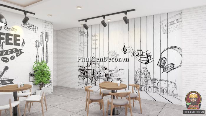 Mẫu tranh dán tường 3D Quán Cafe đương đại, tối giản, trắng đen Mẫu tranh dán tường 3D Quán Cafe đương đại, tối giản, trắng đen