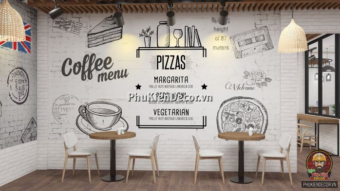 Mẫu tranh dán tường 3D Quán Cafe đương đại, tối giản, trắng đen Mẫu tranh dán tường 3D Quán Cafe đương đại, tối giản, trắng đen