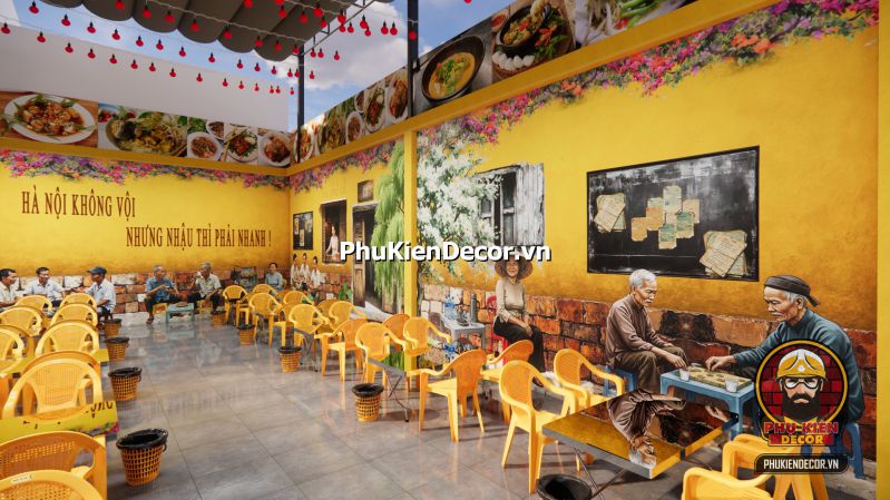 Mẫu tranh dán tường chủ đề Hà Nội Tranh Quán Bún Đậu Mắm Tôm tái hiện khung cảnh gánh hàng rong và quán nhỏ đầu ngõ với bàn ghế thấp và mẹt đựng bún.