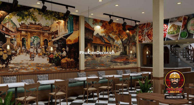 Tranh dán tường phố xá Hà Nội xưa Tranh Phố Xá Hà Nội cổ điển mô tả dòng người và xe trên phố Hàng Đào những năm 80, phù hợp cho không gian check-in nghệ thuật.