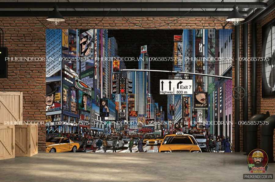 Mẫu tranh dán tường 3D kiểu tranh vẽ phong cách thành phố Hong Kong Mẫu tranh dán tường 3D kiểu tranh vẽ phong cách thành phố Hong Kong