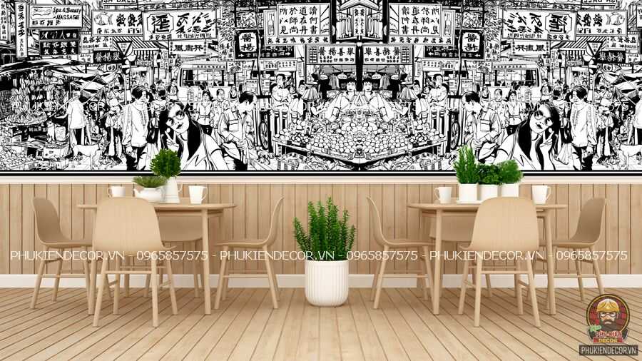 Mẫu tranh dán tường 3D kiểu tranh vẽ phong cách thành phố Hong Kong Mẫu tranh dán tường 3D kiểu tranh vẽ phong cách thành phố Hong Kong