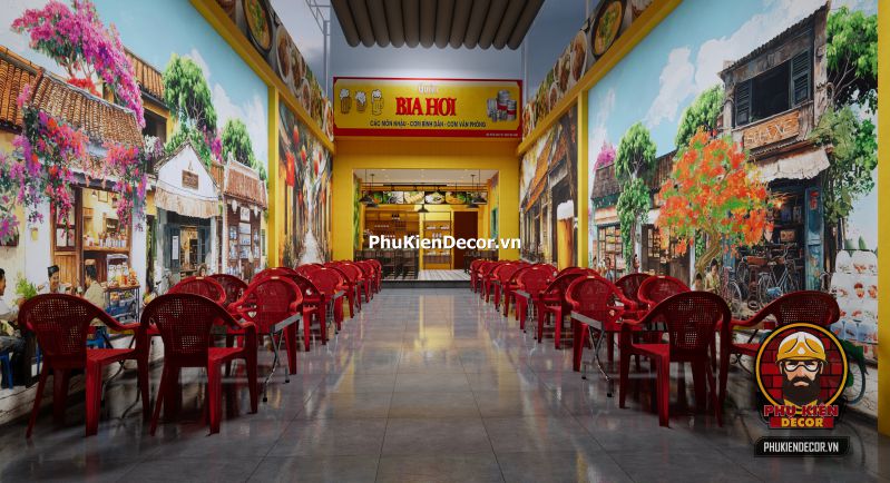 Mô hình decor quán nhậu Hà Nội Hình ảnh tranh decor cho quán nhậu Hà Nội xưa, phong cách bụi phủi với ánh đèn vàng và hình ảnh thực khách vui vẻ.