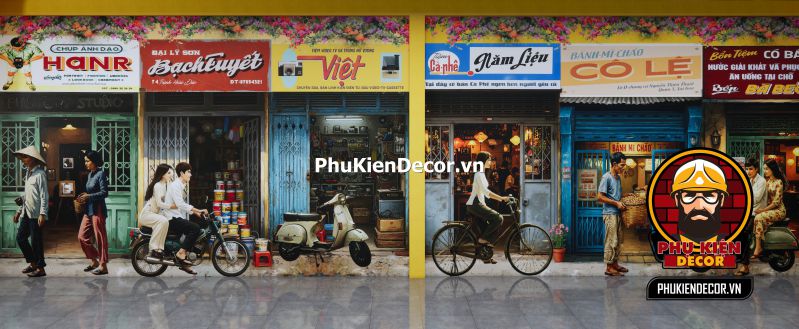 Tranh 3D dán tường phong cách Sài Gòn Tranh 3D về quán nhậu Sài Gòn xưa, với khung cảnh vui nhộn của các thực khách đang thưởng thức món ăn tại quán nhậu.