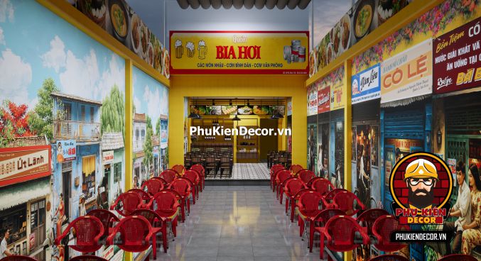 Tranh 3D decor quán nhậu Sài Gòn Tranh 3D về quán nhậu Sài Gòn xưa, với khung cảnh vui nhộn của các thực khách đang thưởng thức món ăn tại quán nhậu.