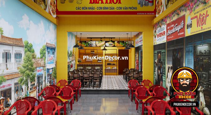 Ý tưởng thiết kế quán ăn thời bao cấp Tranh phong cảnh Sài Gòn xưa với những con phố nhỏ, mái ngói cổ kính, gợi lại vẻ đẹp lãng mạn của thành phố.