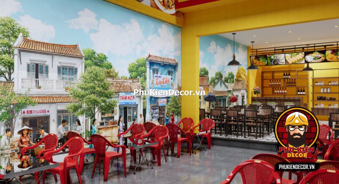 Ý tưởng thiết kế quán ăn thời bao cấp Tranh phong cảnh Sài Gòn xưa với những con phố nhỏ, mái ngói cổ kính, gợi lại vẻ đẹp lãng mạn của thành phố.