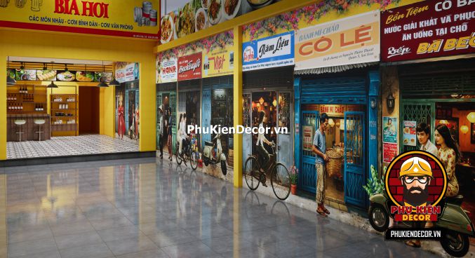 Ý tưởng thiết kế quán ăn thời bao cấp Tranh phong cảnh Sài Gòn xưa với những con phố nhỏ, mái ngói cổ kính, gợi lại vẻ đẹp lãng mạn của thành phố.