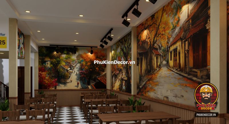 Mô hình tranh dán tường mang phong cách Hà Nội xưa Tranh Sơn Dầu Phố Cổ Hà Nội vẽ tay kỹ thuật số, dùng làm điểm nhấn sang trọng trong không gian nhà hàng phong cách Indochine.