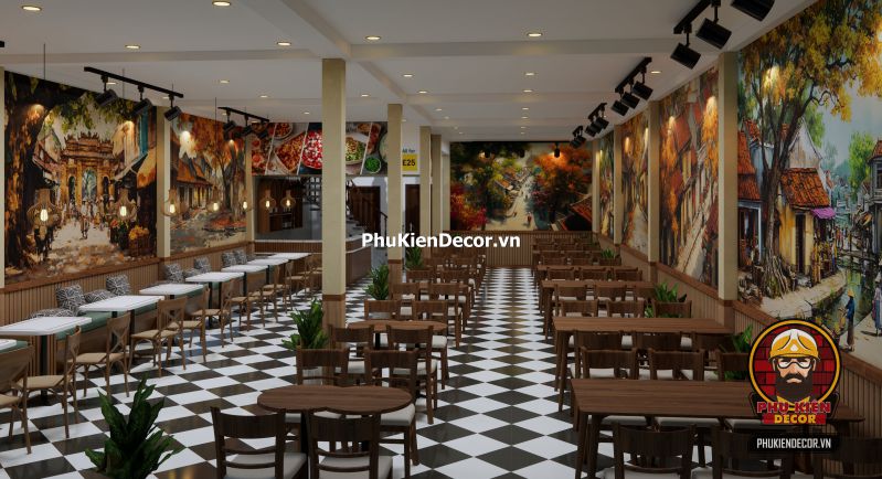 Mô hình tranh dán tường mang phong cách Hà Nội xưa Tranh Sơn Dầu Phố Cổ Hà Nội vẽ tay kỹ thuật số, dùng làm điểm nhấn sang trọng trong không gian nhà hàng phong cách Indochine.