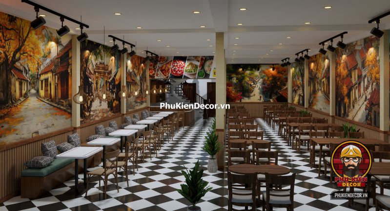 Mô hình tranh dán tường mang phong cách Hà Nội xưa Tranh Sơn Dầu Phố Cổ Hà Nội vẽ tay kỹ thuật số, dùng làm điểm nhấn sang trọng trong không gian nhà hàng phong cách Indochine.