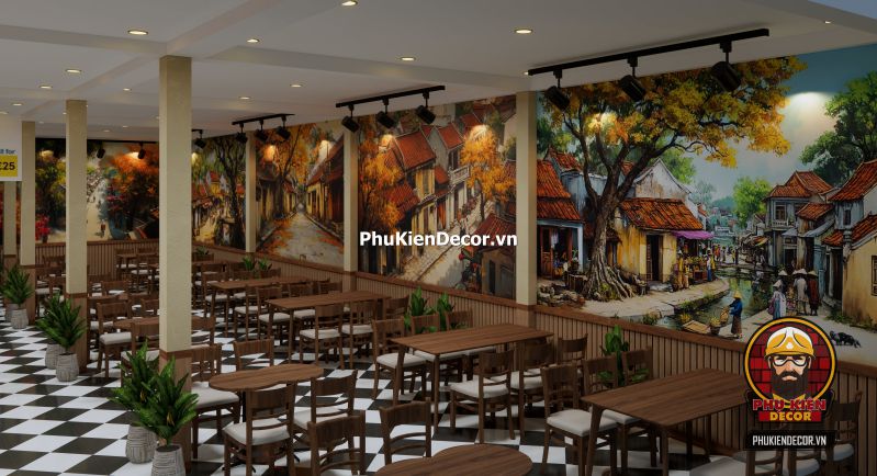 Mô hình tranh dán tường mang phong cách Hà Nội xưa Tranh Sơn Dầu Phố Cổ Hà Nội vẽ tay kỹ thuật số, dùng làm điểm nhấn sang trọng trong không gian nhà hàng phong cách Indochine.