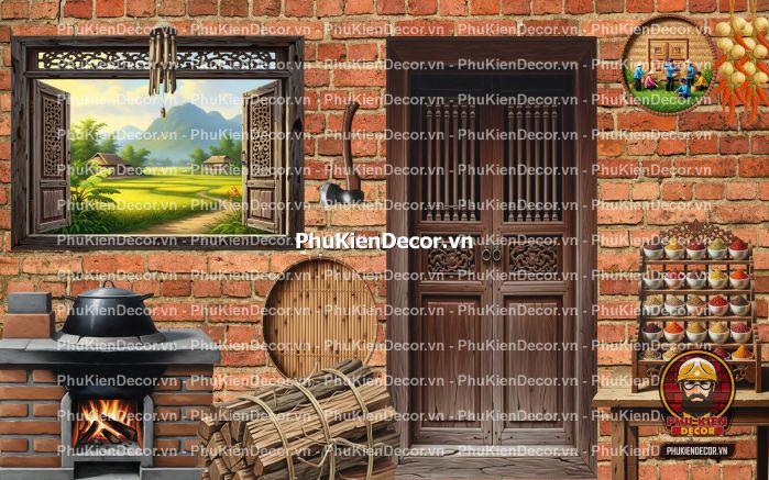 Tranh dán tường nền gạch trang trí quán ăn làng quê Tranh dán tường nền gạch trang trí quán ăn làng quê