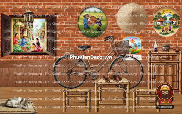 Tranh dán tường nền gạch trang trí quán ăn làng quê Tranh dán tường nền gạch trang trí quán ăn làng quê