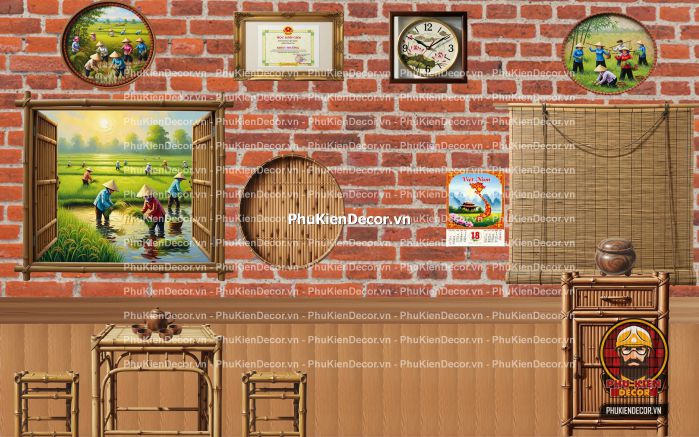Tranh dán tường nền gạch trang trí quán ăn làng quê Tranh dán tường nền gạch trang trí quán ăn làng quê
