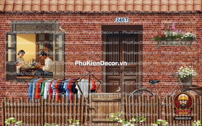 Tranh dán tường nền gạch trang trí quán ăn làng quê Tranh dán tường nền gạch trang trí quán ăn làng quê