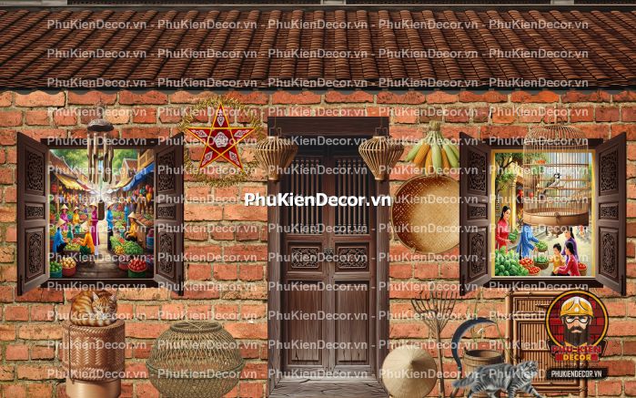 Tranh dán tường nền gạch trang trí quán ăn làng quê Tranh dán tường nền gạch trang trí quán ăn làng quê