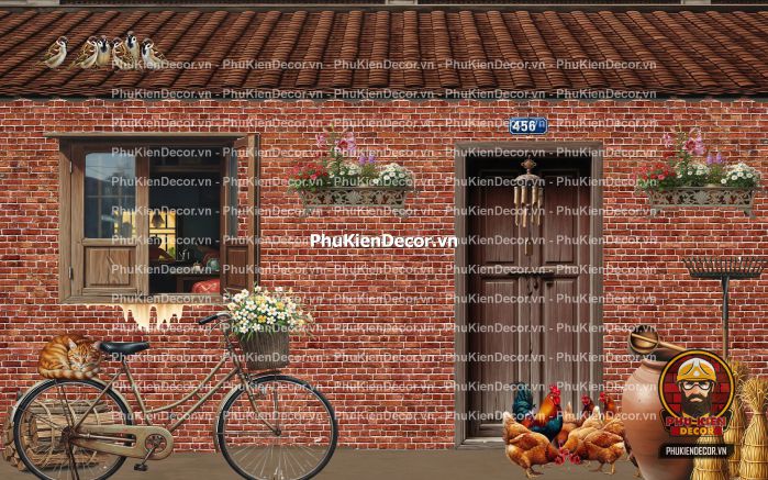 Tranh dán tường nền gạch trang trí quán ăn làng quê Tranh dán tường nền gạch trang trí quán ăn làng quê