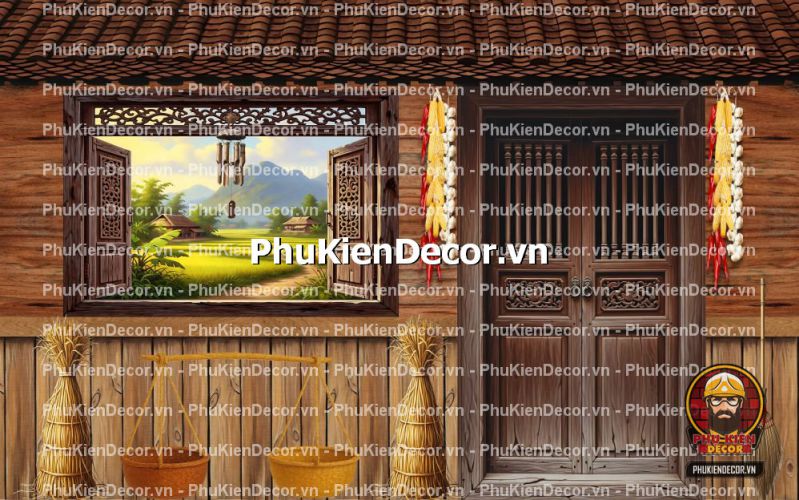 Trang trí quán ăn bằng tranh tường 3D vách gỗ cũ Trang trí quán ăn bằng tranh tường 3D vách gỗ cũ