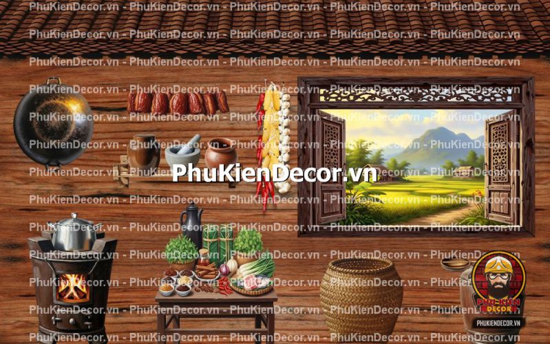 Trang trí quán ăn bằng tranh tường 3D vách gỗ cũ Trang trí quán ăn bằng tranh tường 3D vách gỗ cũ