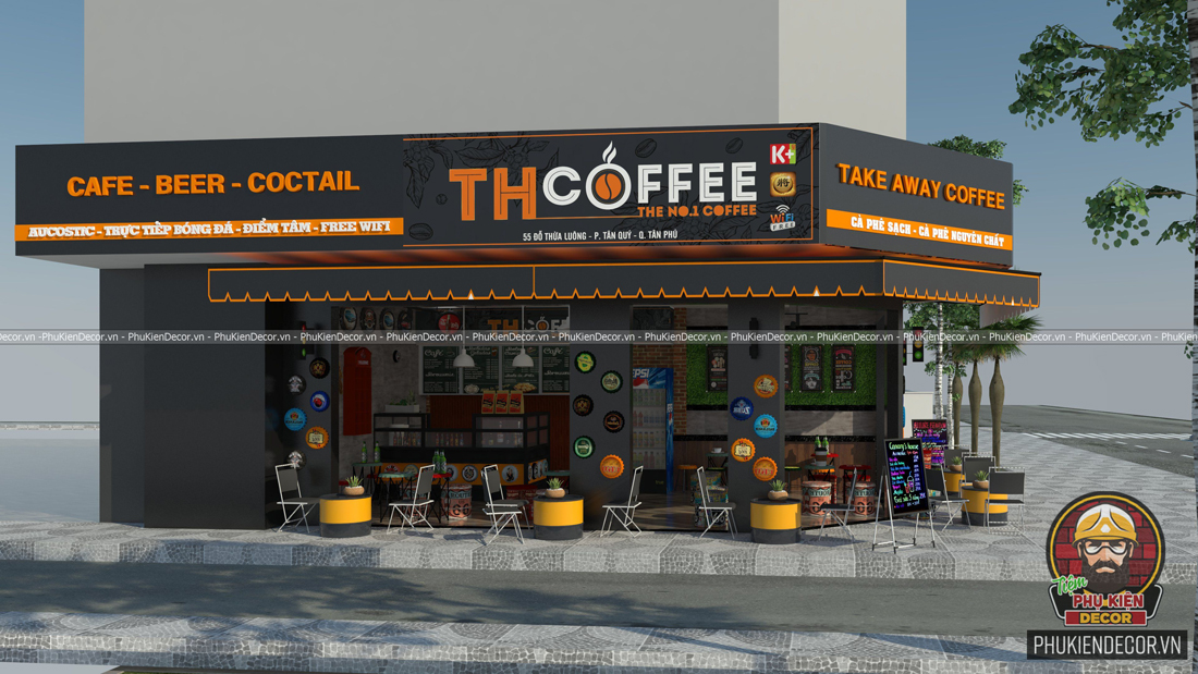 Mô hình mẫu thiết kế quán Cafe Beer góc 2 mặt tiền bắt mắt