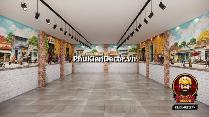 Hướng dẫn decor quán Phở Sài Gòn Tranh 3D quán phở Sài Gòn xưa, khung cảnh đậm chất cổ điển với không gian mở và bức tranh về cuộc sống hối hả của người dân Sài Gòn.