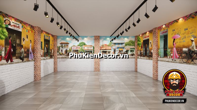 Mẫu thiết kế quán Cafe phong cách Sài Gòn Tranh dán tường 3D về quán cà phê Sài Gòn xưa, mô tả không gian nhẹ nhàng, lãng mạn của quán cà phê vỉa hè.
