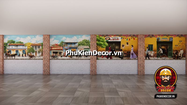 Hướng dẫn decor quán phở Sài Gòn Tranh 3D quán phở Sài Gòn xưa, khung cảnh đậm chất cổ điển với không gian mở và bức tranh về cuộc sống hối hả của người dân Sài Gòn.