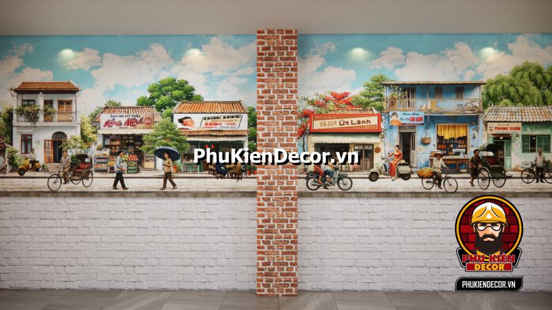 Hướng dẫn decor quán Phở Sài Gòn Tranh 3D quán phở Sài Gòn xưa, khung cảnh đậm chất cổ điển với không gian mở và bức tranh về cuộc sống hối hả của người dân Sài Gòn.