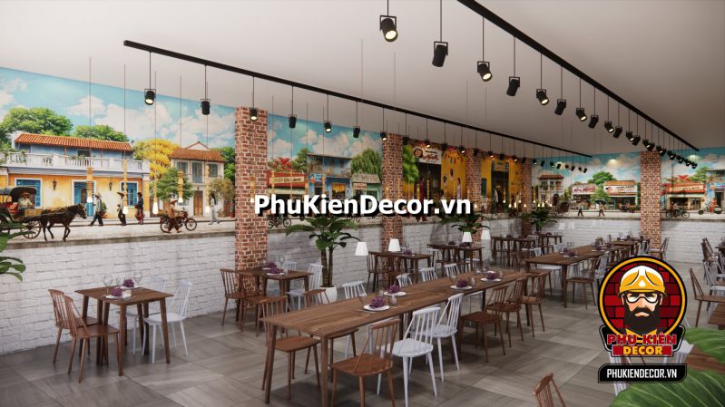 Hướng dẫn decor quán Phở Sài Gòn Tranh 3D quán phở Sài Gòn xưa, khung cảnh đậm chất cổ điển với không gian mở và bức tranh về cuộc sống hối hả của người dân Sài Gòn.