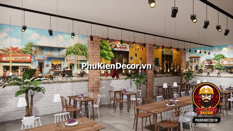 Mẫu thiết kế quán Cafe phong cách Sài Gòn Tranh dán tường 3D về quán cà phê Sài Gòn xưa, mô tả không gian nhẹ nhàng, lãng mạn của quán cà phê vỉa hè.