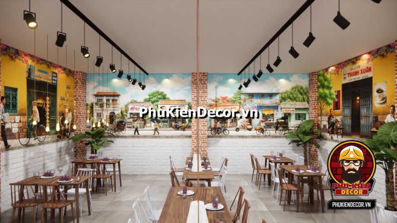 Ý tưởng thiết kế quán ăn Sài Gòn thời bao cấp  Tranh Sài Gòn xưa, cảnh sinh hoạt đời thường như các tiệm bánh mì, quán ăn sáng trong thành phố.