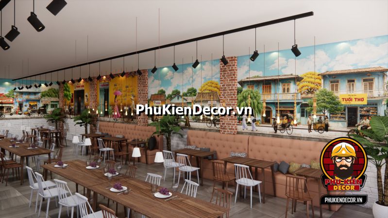 Mẫu thiết kế quán Cafe phong cách Sài Gòn Tranh dán tường 3D về quán cà phê Sài Gòn xưa, mô tả không gian nhẹ nhàng, lãng mạn của quán cà phê vỉa hè.