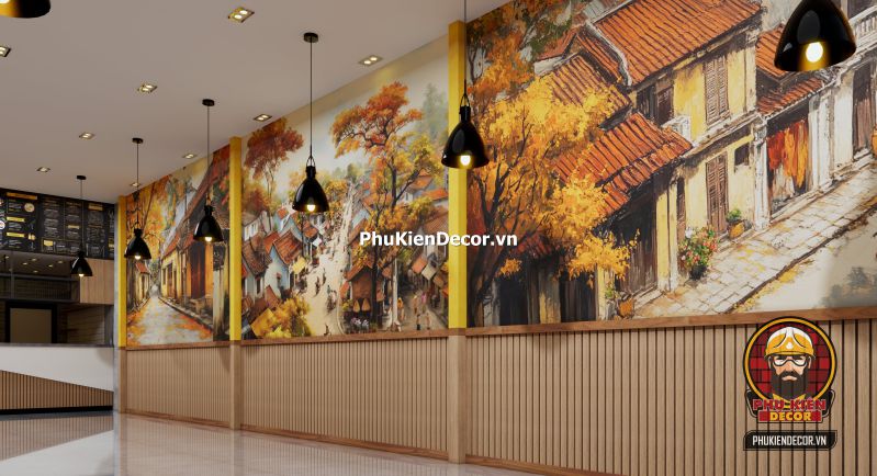 Thiết kế tranh dán tường đường phố Hà Nội cổ điển Tranh Phố Xá Hà Nội cổ điển mô tả dòng người và xe trên phố Hàng Đào những năm 80, phù hợp cho không gian check-in nghệ thuật.