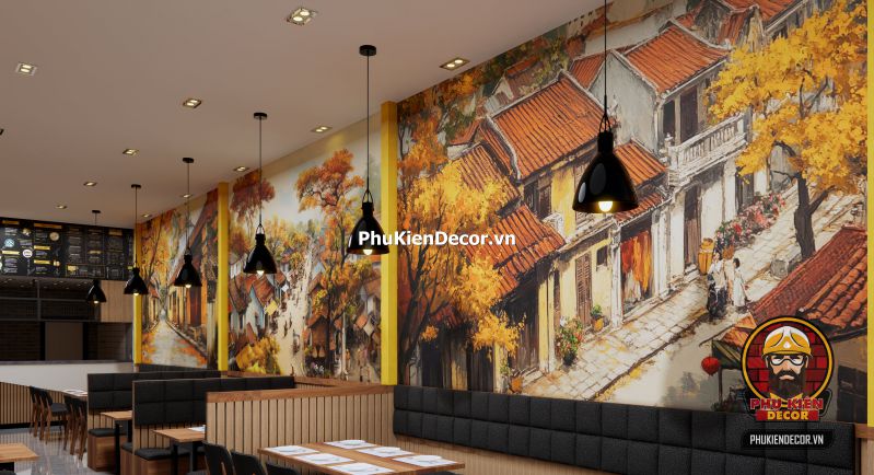 Thiết kế tranh dán tường đường phố Hà Nội cổ điển Tranh Phố Xá Hà Nội cổ điển mô tả dòng người và xe trên phố Hàng Đào những năm 80, phù hợp cho không gian check-in nghệ thuật.