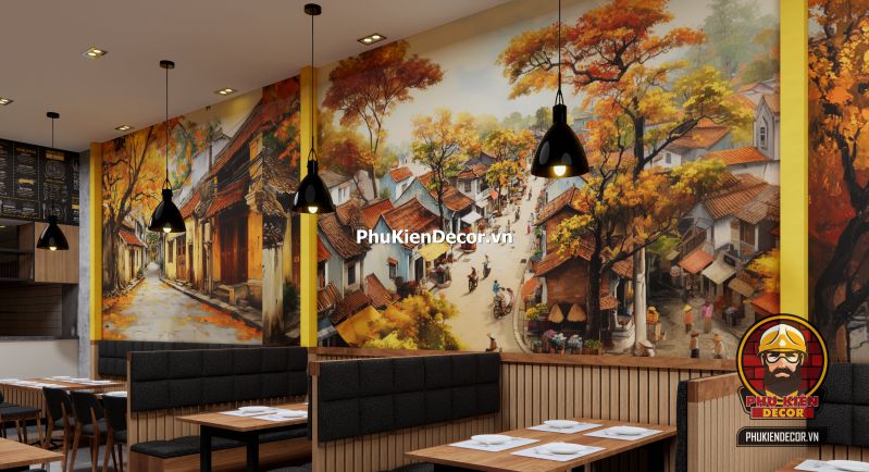 Thiết kế tranh dán tường đường phố Hà Nội cổ điển Tranh Phố Xá Hà Nội cổ điển mô tả dòng người và xe trên phố Hàng Đào những năm 80, phù hợp cho không gian check-in nghệ thuật.