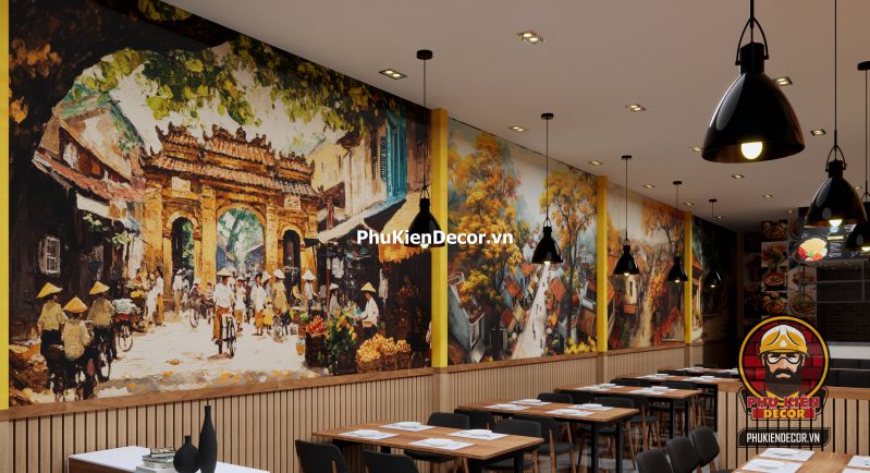 Thiết kế tranh dán tường đường phố Hà Nội cổ điển Tranh Phố Xá Hà Nội cổ điển mô tả dòng người và xe trên phố Hàng Đào những năm 80, phù hợp cho không gian check-in nghệ thuật.