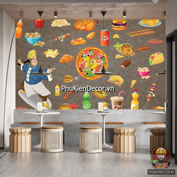 Tranh dán tường 3D trang trí tiệm Thức Ăn Nhanh nhiều màu sắc nổi bật, độc đáo, lôi cuốn thực khách thưởng thức