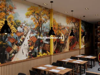 Tranh Dán Tường Phố Cổ Hà Nội Xưa – Linh Hồn Của Quán Xưa Trong Không Gian Hiện Đại