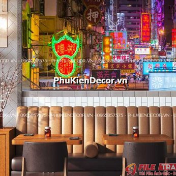 Tranh dán tường 3D trang trí quán ăn phong cách Đường Phố Hong Kong đẹp, ấn tượng, tạo điểm nhấn khác biệt