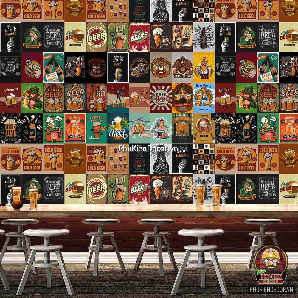 Decal dán tường, Stickers chủ đề BEER, trang trí Quán Cafe, Bia - Set đề can 50 tấm kích thước 20x30cm