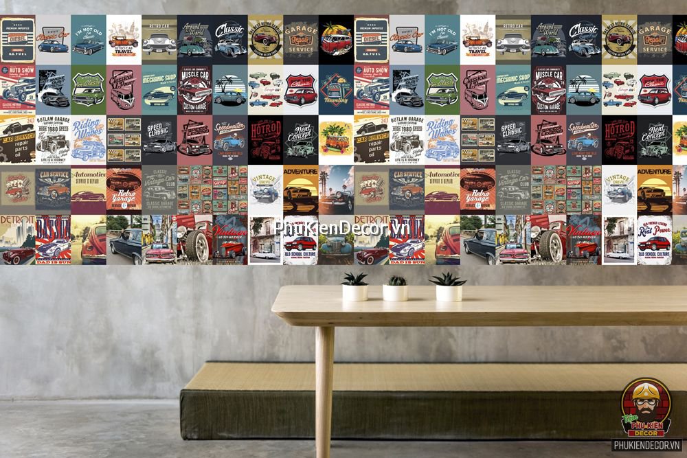 Decal dán tường, Stickers chủ đề CAR RETRO, trang trí Quán Cafe Biker, Bia, Garage, hội Ô tô