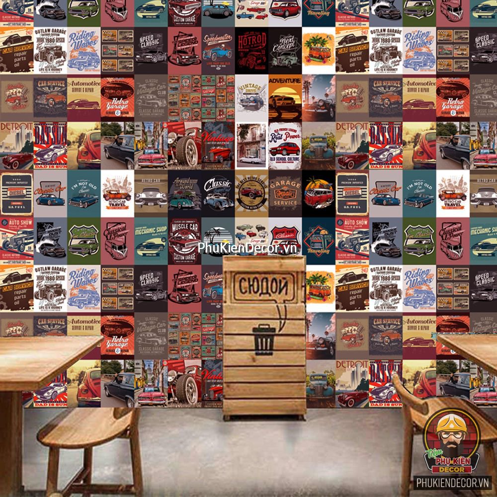 Decal dán tường, Stickers chủ đề CAR RETRO, trang trí Quán Cafe Biker, Bia, Garage, hội Ô tô