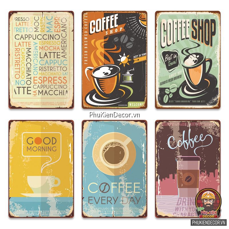 Tranh thiếc trang trí Quán Cafe - Tranh sắt decor treo tường chủ đề Coffee, phong cách Vintage, Retro kích thước 20x30cm