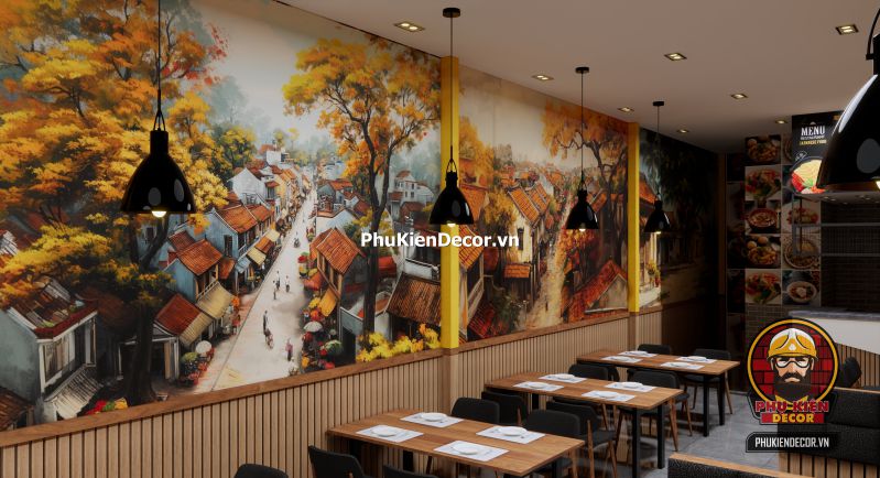 Tổng hợp trang trí quán ăn Bắc Bộ Hình ảnh tranh phố cổ Hà Nội được treo trong quán, tái hiện không khí thanh bình và hoài cổ.