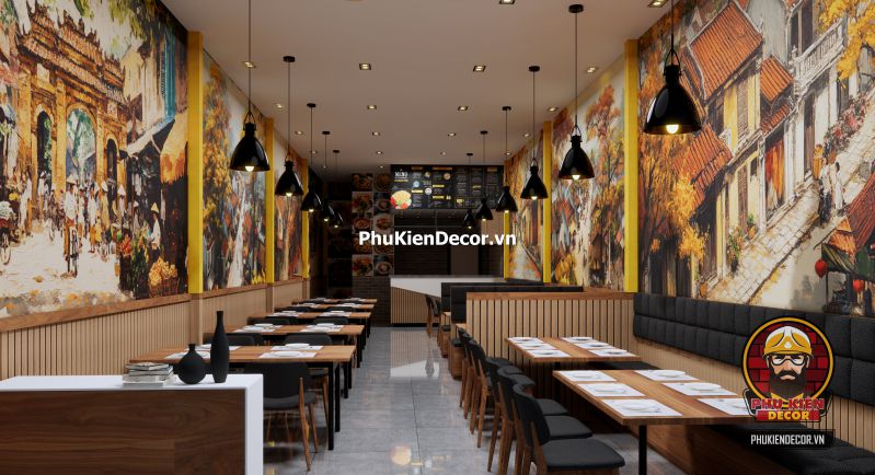 Tổng hợp ý tưởng tranh trí quán ăn Bắc Bộ Hình ảnh tranh phố cổ Hà Nội được treo trong quán, tái hiện không khí thanh bình và hoài cổ.