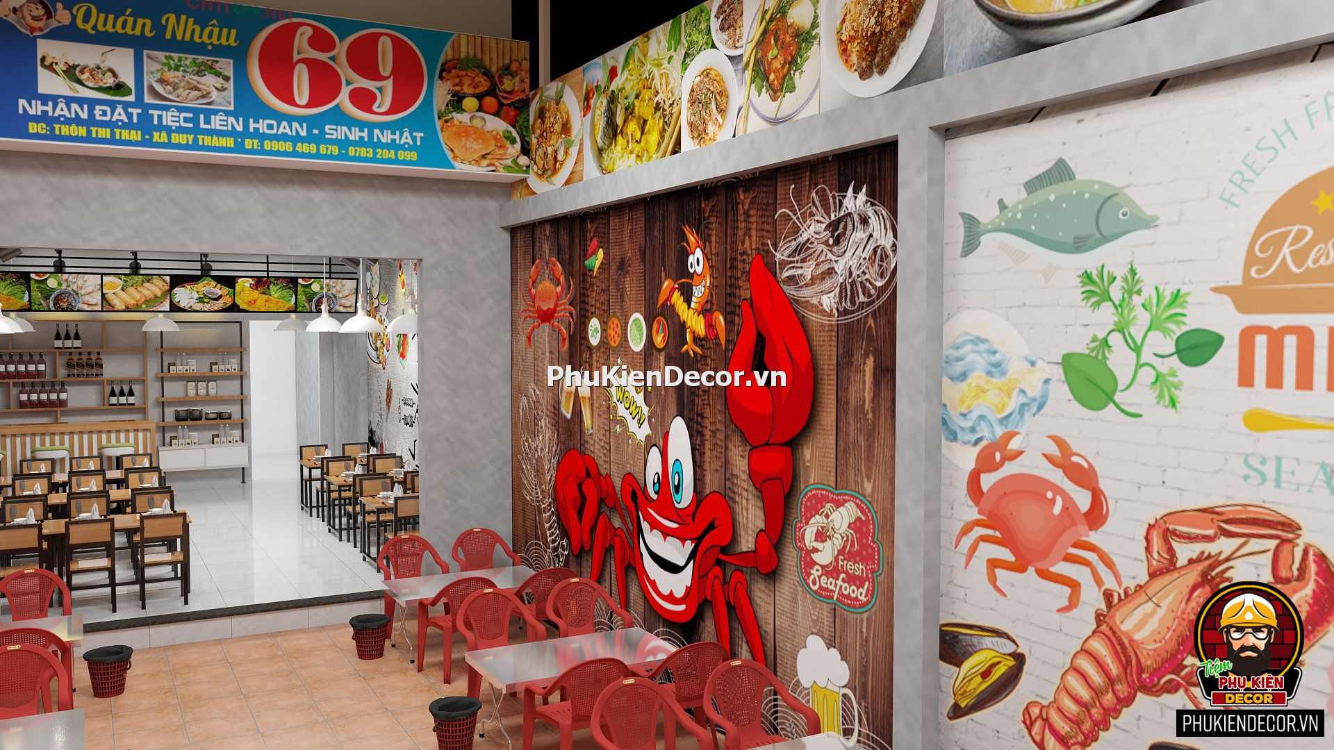 Tranh dán tường 3D quán nhậu Hải sản, Lẩu ốc Tranh dán tường 3D quán nhậu Hải sản, Lẩu ốc