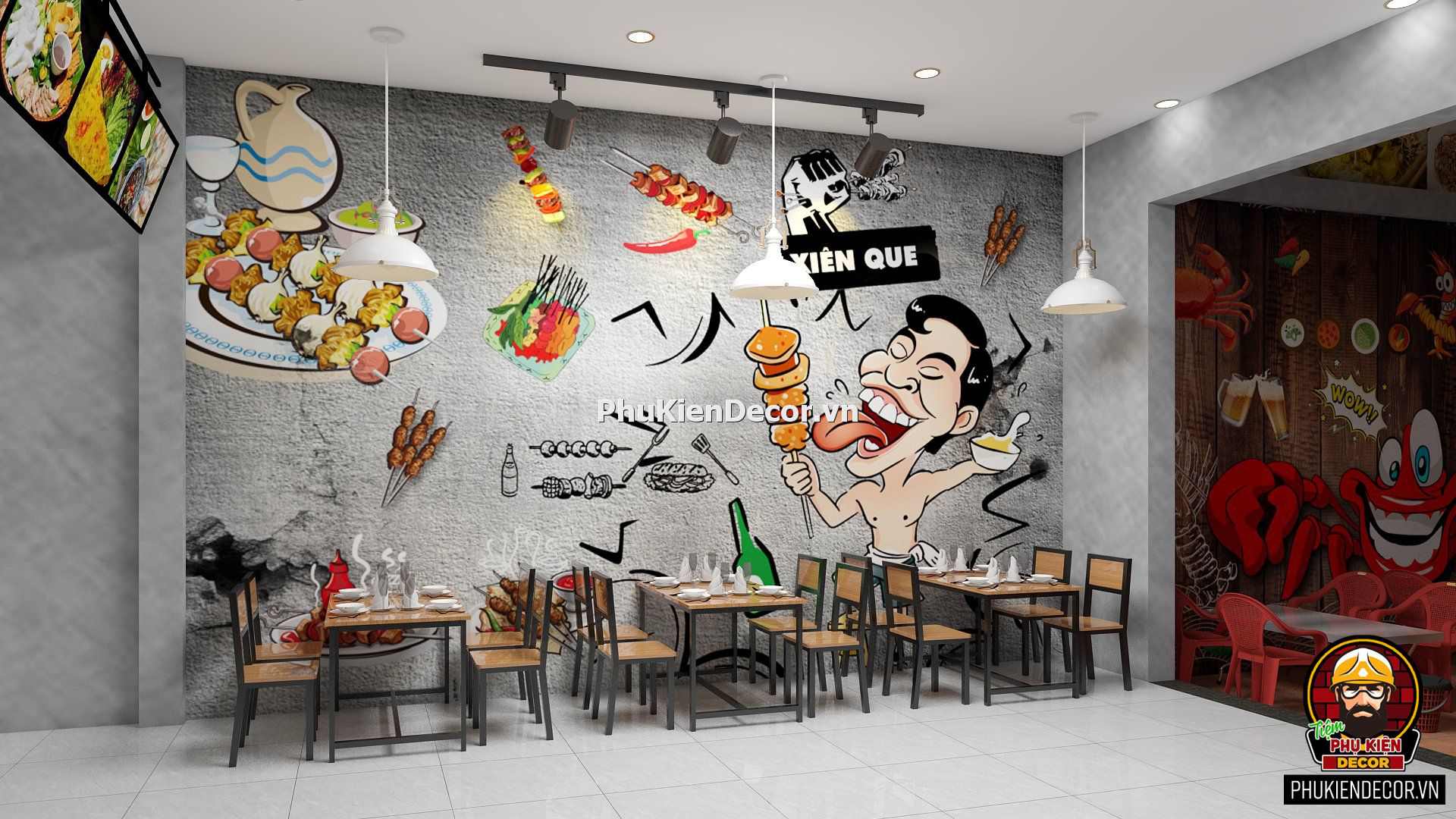 Tranh dán tường 3D quán nhậu Hải sản, Lẩu ốc Tranh dán tường 3D quán nhậu Hải sản, Lẩu ốc