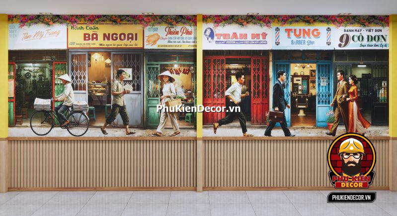 Mẫu thiết kế quán chủ đề Sài Gòn retro Trang trí quán ăn phong cách Sài Gòn xưa với các yếu tố như tranh dán tường, ánh sáng vàng và bàn ghế gỗ.