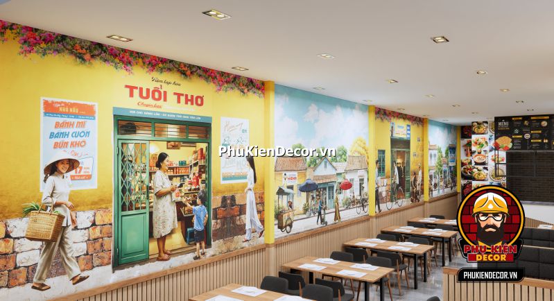 Mẫu thiết kế quán chủ đề Sài Gòn retro Trang trí quán ăn phong cách Sài Gòn xưa với các yếu tố như tranh dán tường, ánh sáng vàng và bàn ghế gỗ.